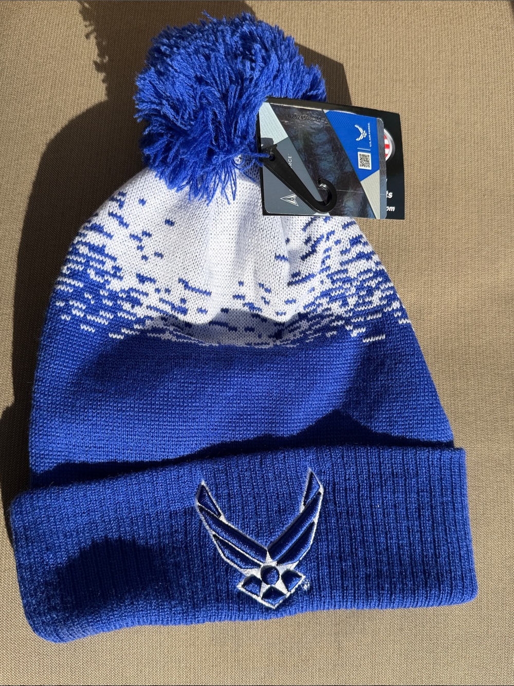 Men's Blue and White Pom Beanie with Embroidered Military Insignia